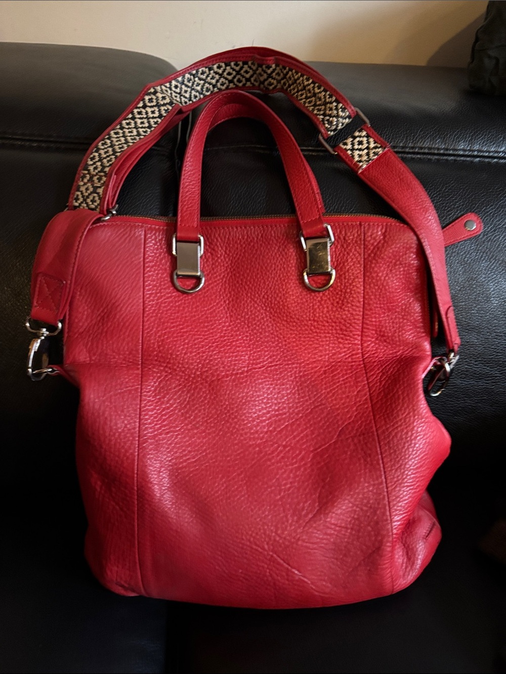 Charles Jourdan Red Leather Shoulder Tote with Patterned Strap